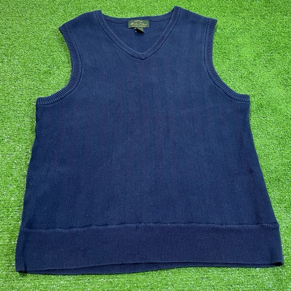 Vintage Linen Knit Vest Med. Sweater Vest Orvis Fly Fishing 90s Pullover Blue - Picture 1 of 5